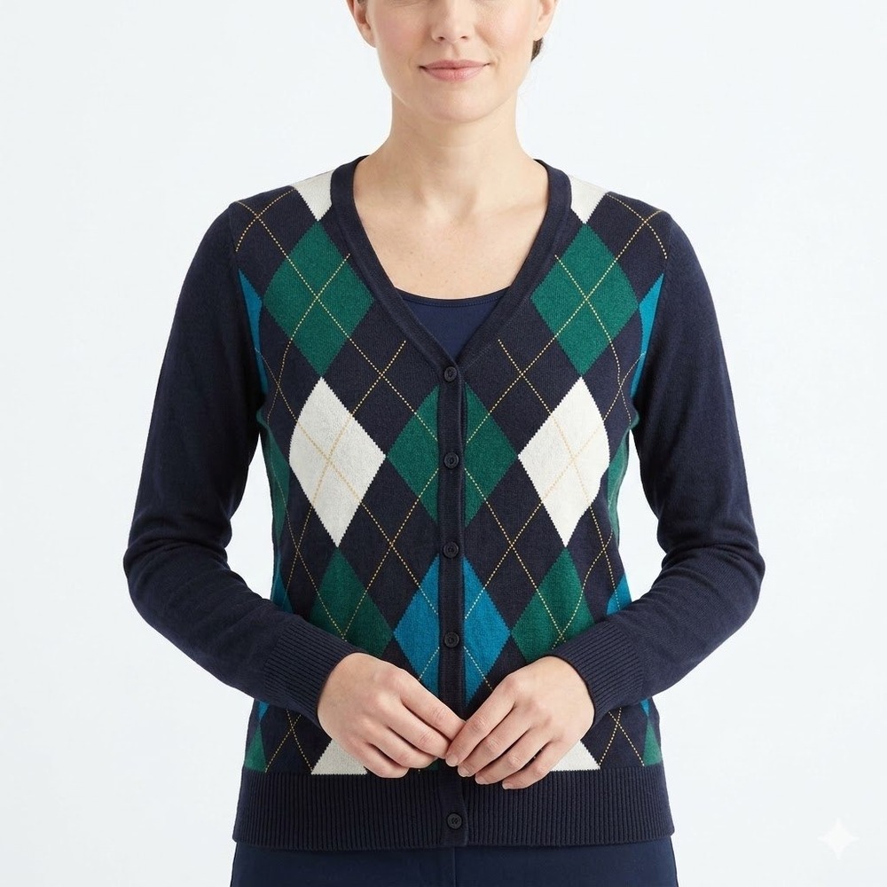St Johns Bay Argyle Cardigan Womens Medium Preppy Academia College Office Cotton